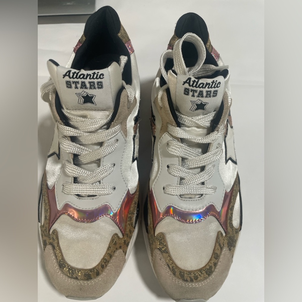 Atlantic Stars Women’s Sneakers Made in Italy Cream Gold Holographic Star Retro